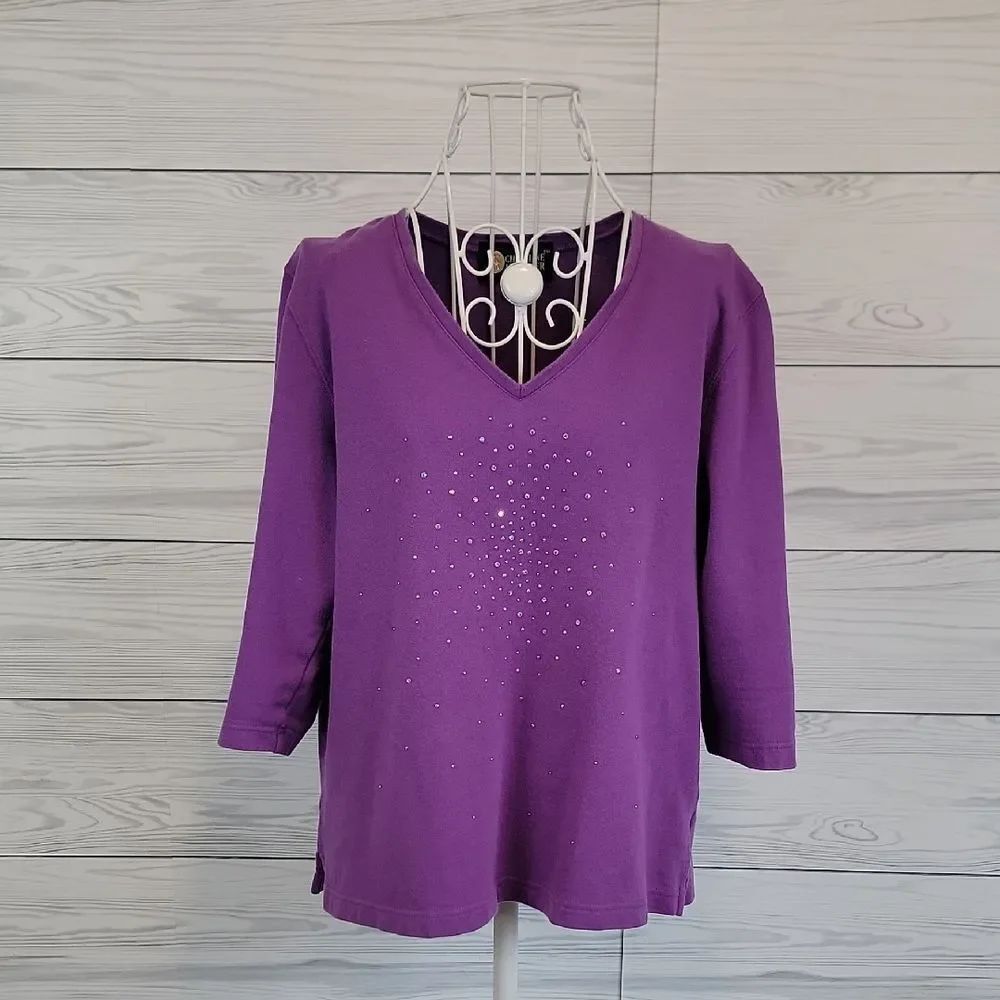 Christine Alexander Knit Purple V-Neck Top Womens Size L